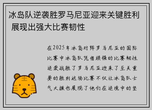 冰岛队逆袭胜罗马尼亚迎来关键胜利 展现出强大比赛韧性