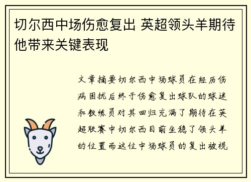 切尔西中场伤愈复出 英超领头羊期待他带来关键表现