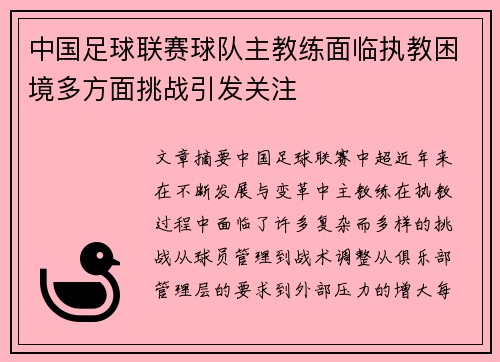 中国足球联赛球队主教练面临执教困境多方面挑战引发关注